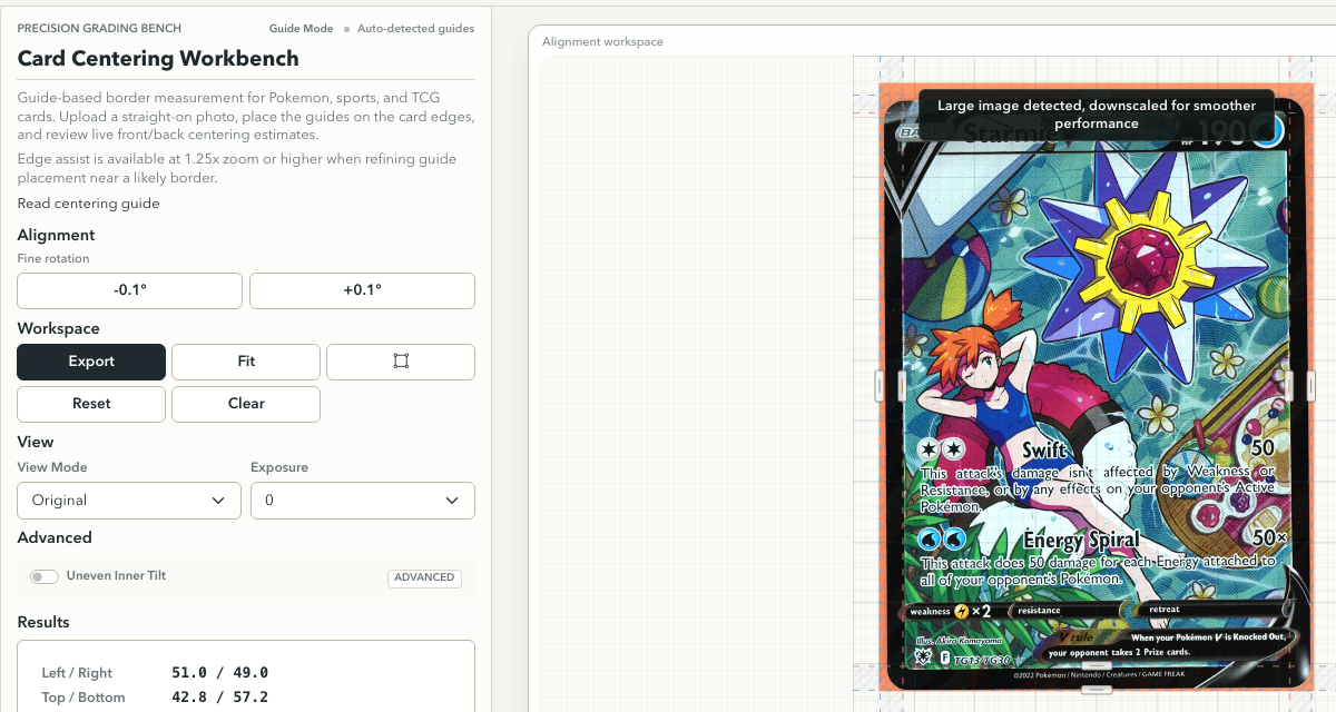 Card centering workspace showing an uploaded trading card, edge guides, zoom state, and live centering results.