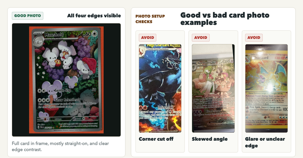 Comparison of a good card photo with bad examples showing a cropped corner, skewed angle, and glare or unclear edge.