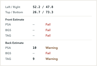Results readout showing left-right and top-bottom centering values with warning and fail statuses.