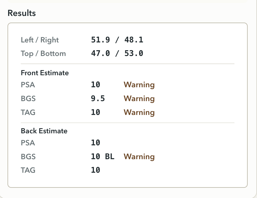Step 5 review results screen showing centering ratios and estimates.