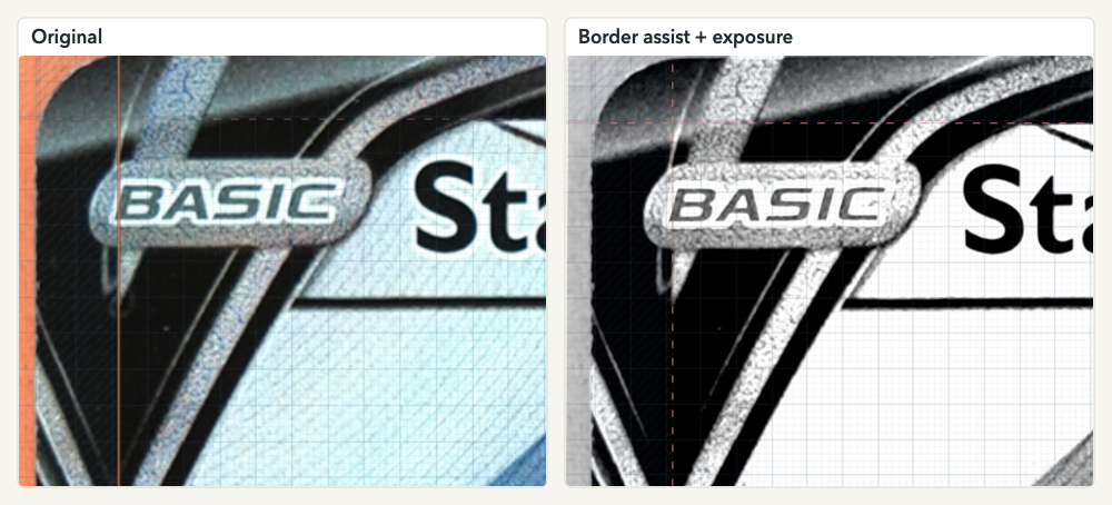 Comparison of original view and border assist with exposure adjustment.